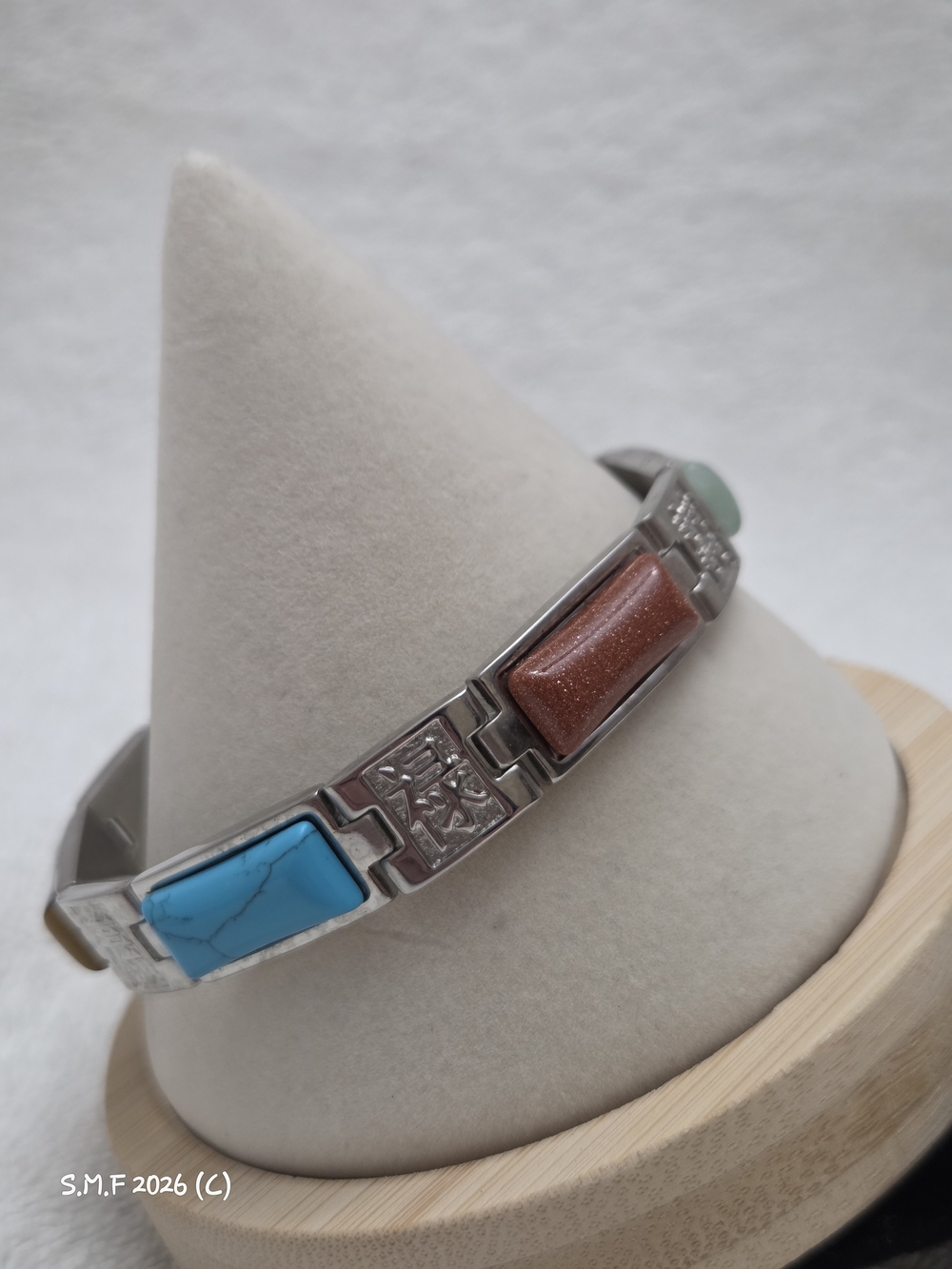 Rectangular Multi Gemstone Asian/Chinese Design Link Bracelet in Stainless Steel